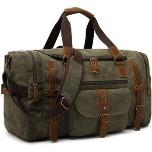 YSHFOX Duffle Bag for Men Genuine Leather Canvas Travel Duffel Bags (Army Green)